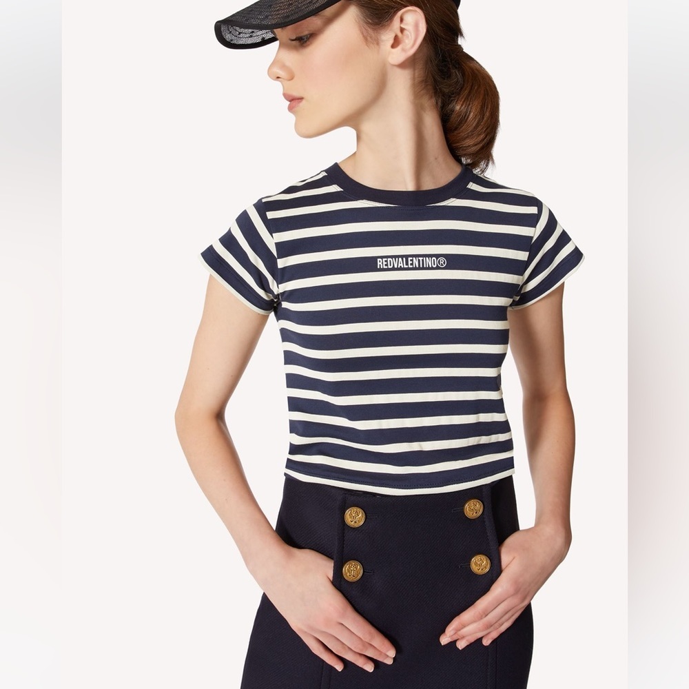 RED Valentino Logo Stripe Print Cotton T-Shirt Top Boxy Fitted Stretch Shirt L